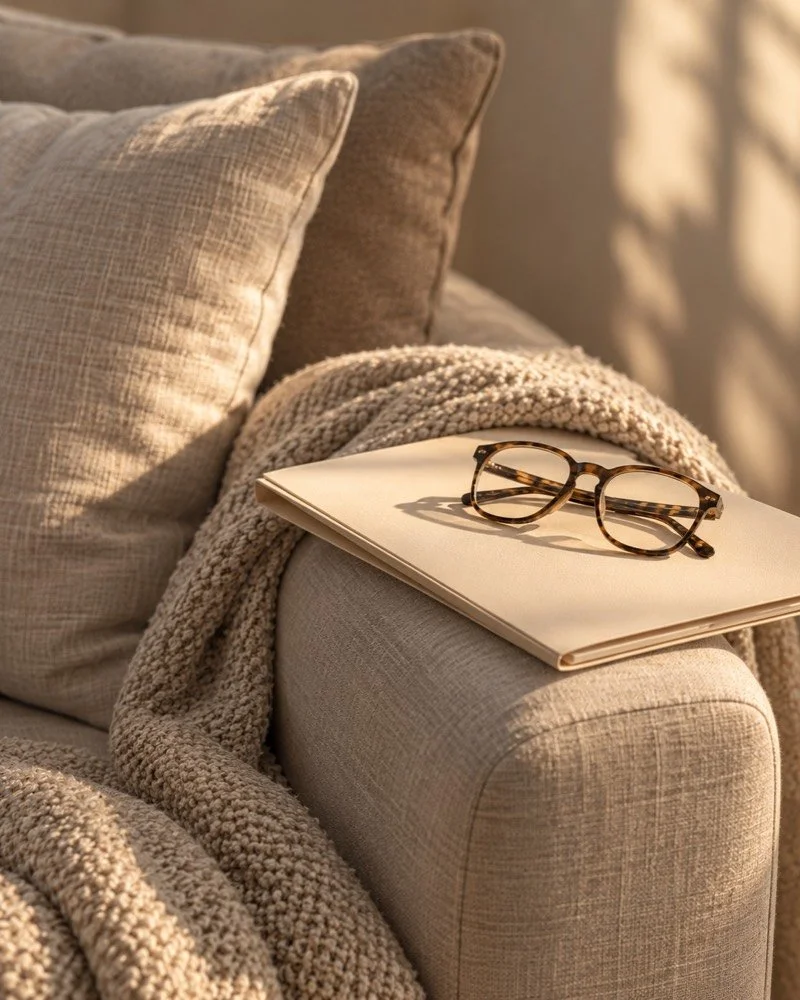 A document folder and reading glasses on a sofa arm