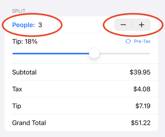 Screenshot showing the plus icon in the Split section of the calculator