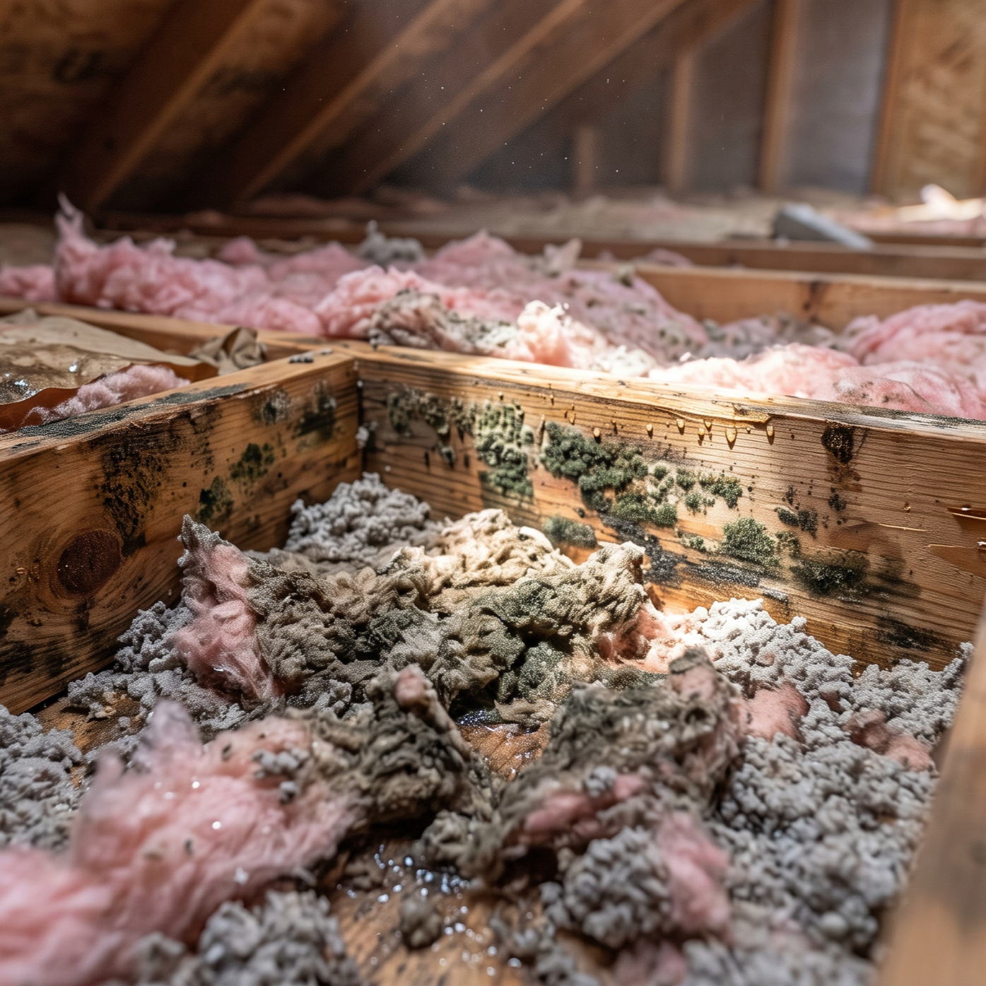 moisture-damaged attic insulation with dark stains