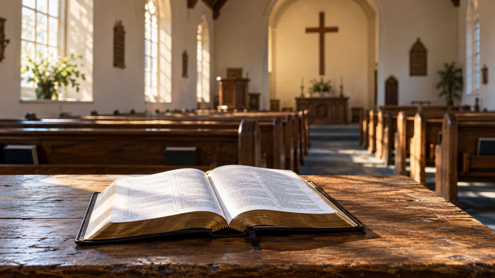An open Bible on a wooden table in a sunlit church