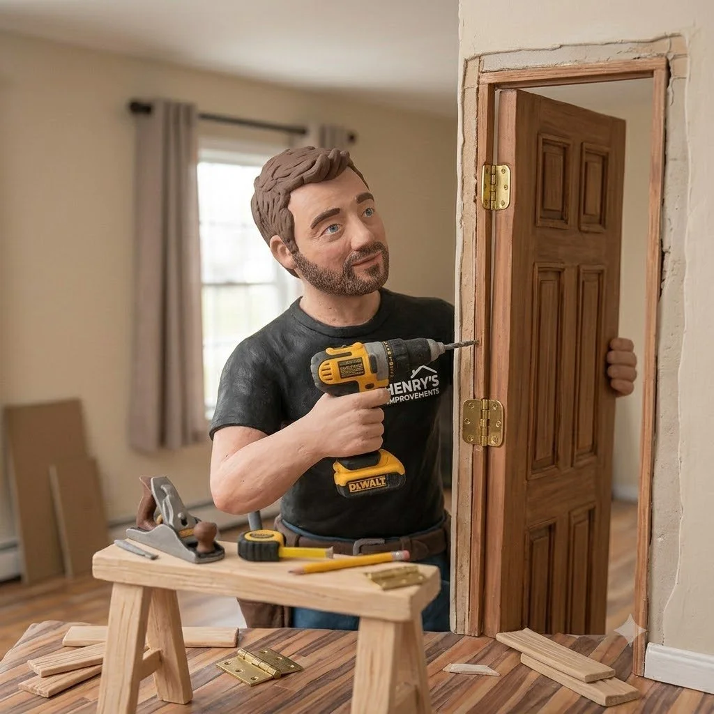 Handyman Carpenter Adjusting Kitchen Cabinets and Entry Doors