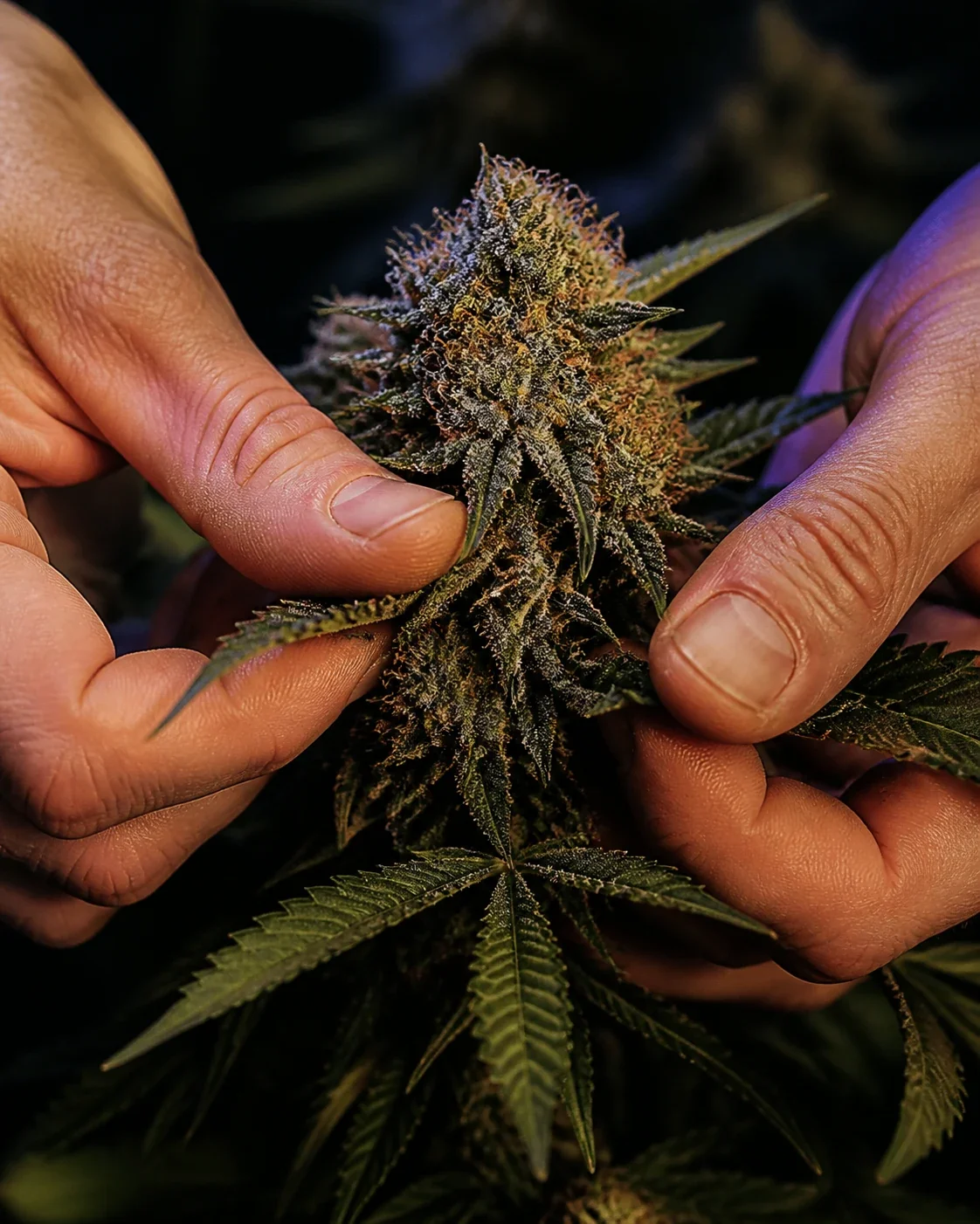 An adult cultivator carefully inspecting a cannabis flower by hand.