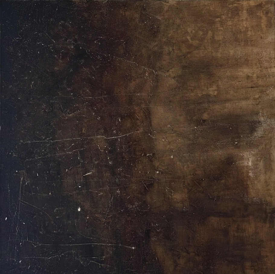 Contained: dark brown and bronze fields crossed by fine pale marks and layered surface textures.