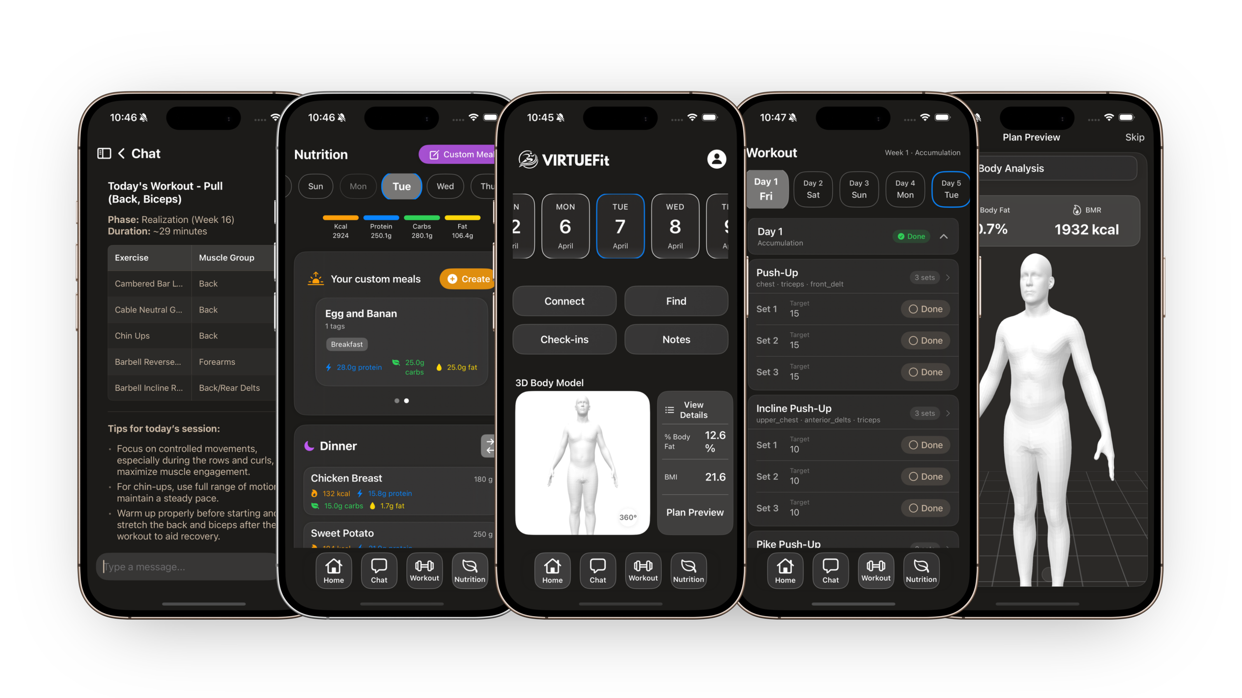 VirtueFit app screens across five iPhones