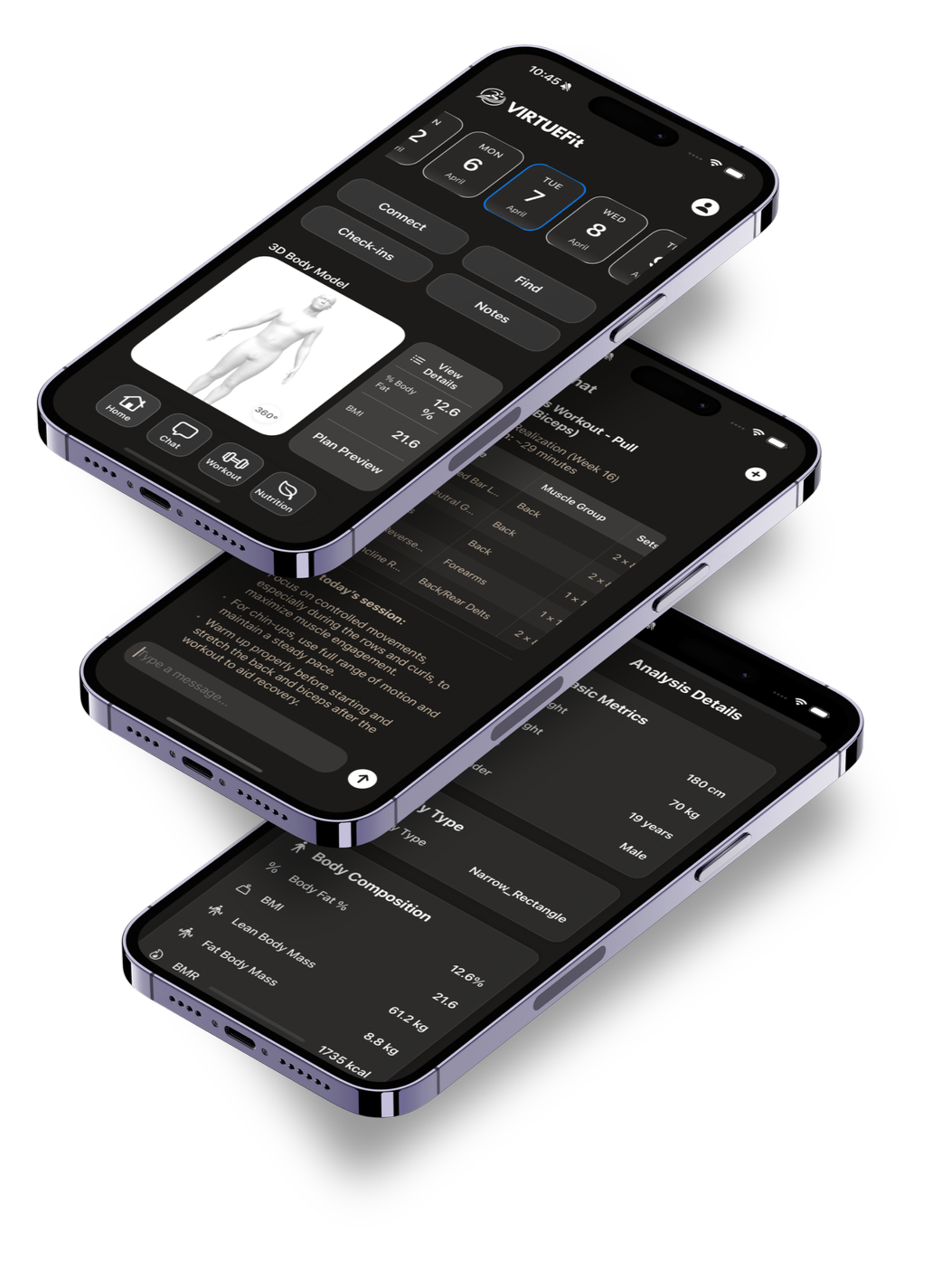 VirtueFit app on three iPhones