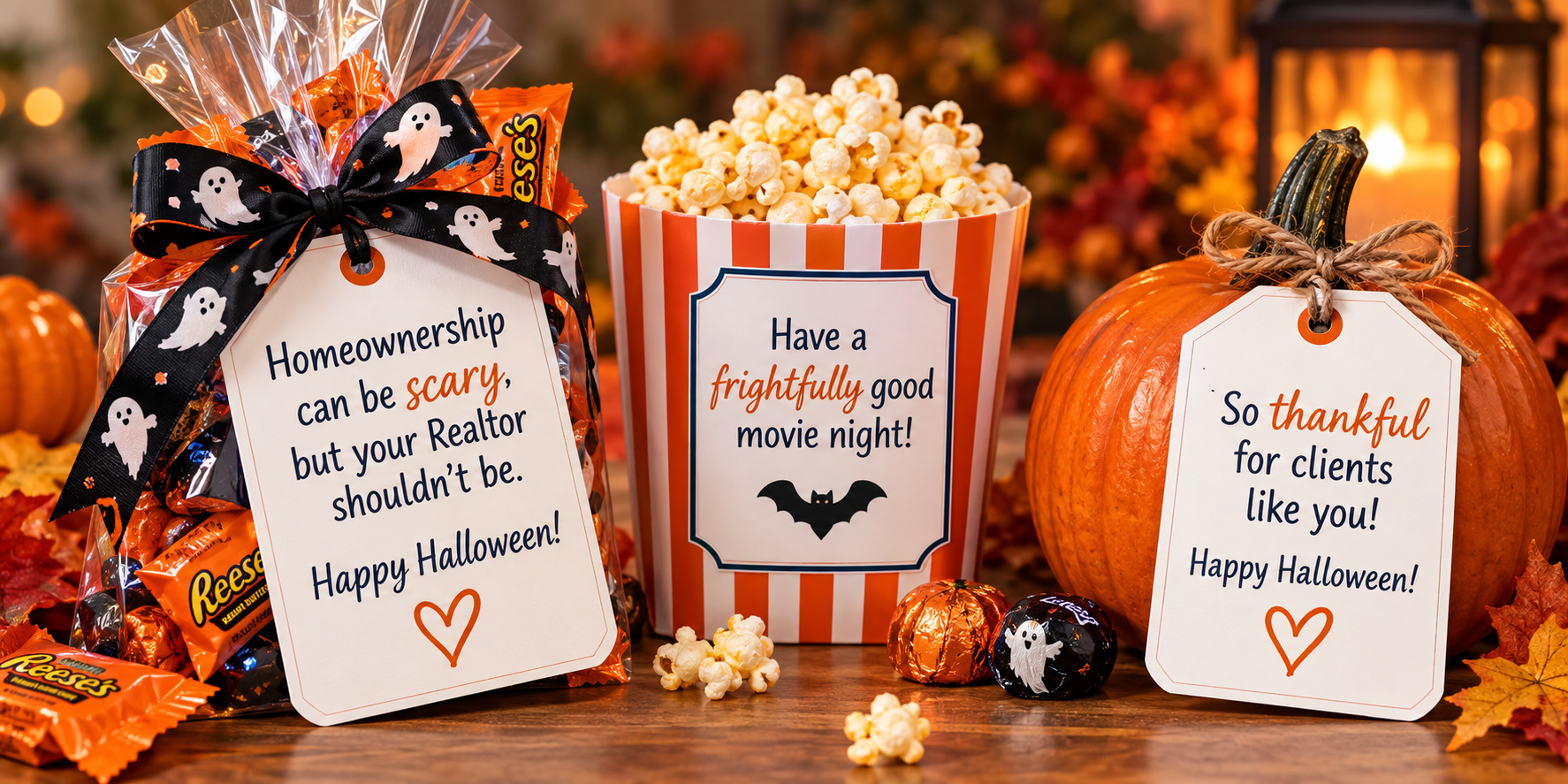 Three Halloween client pop-by ideas: a candy treat bag, movie-night popcorn, and a small pumpkin with appreciation tags.