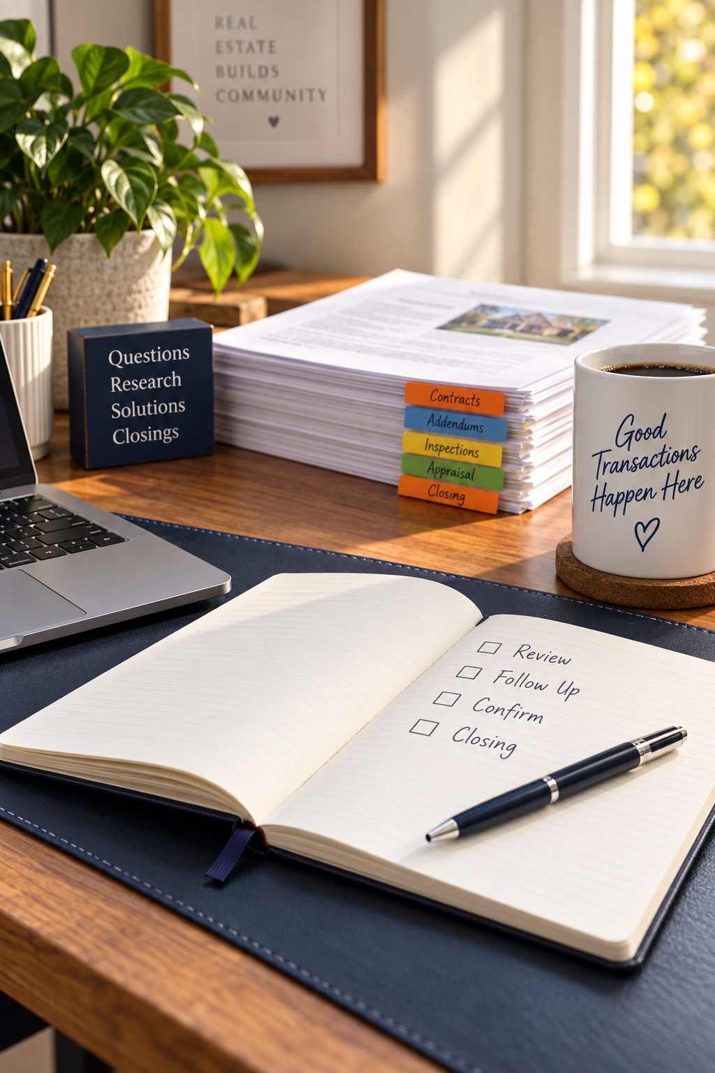 Organized transaction paperwork, labeled tabs, follow-up notebook, and coffee on a desk.