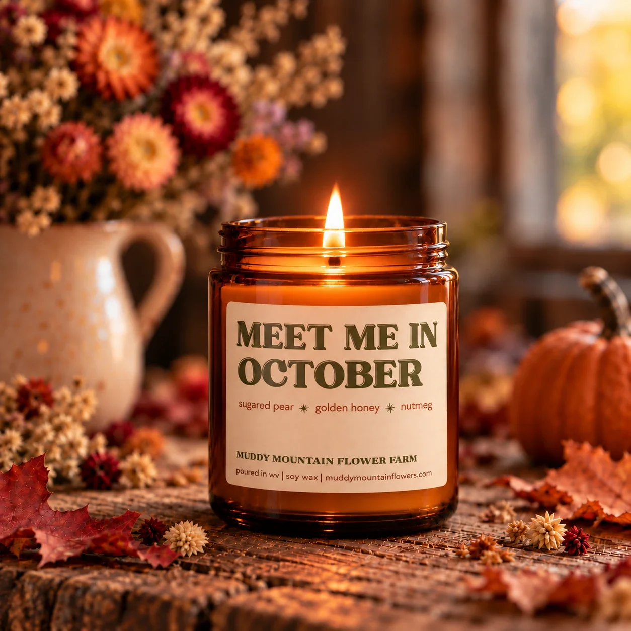 Meet Me in October soy candle from Muddy Mountain Flower Farm