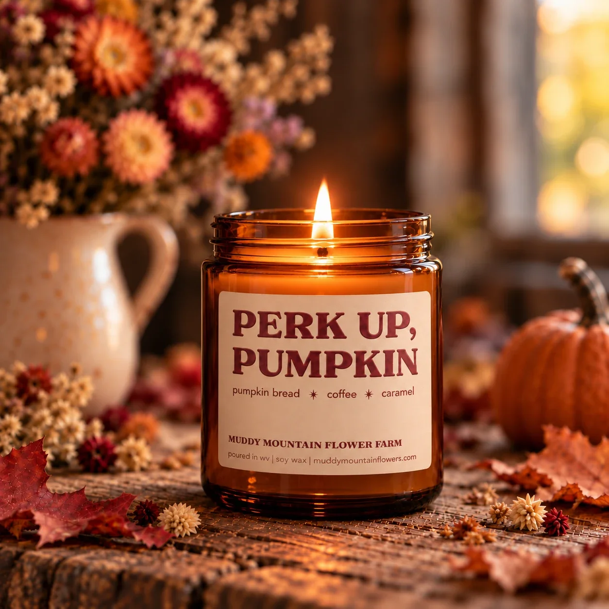 Perk Up, Pumpkin soy candle from Muddy Mountain Flower Farm