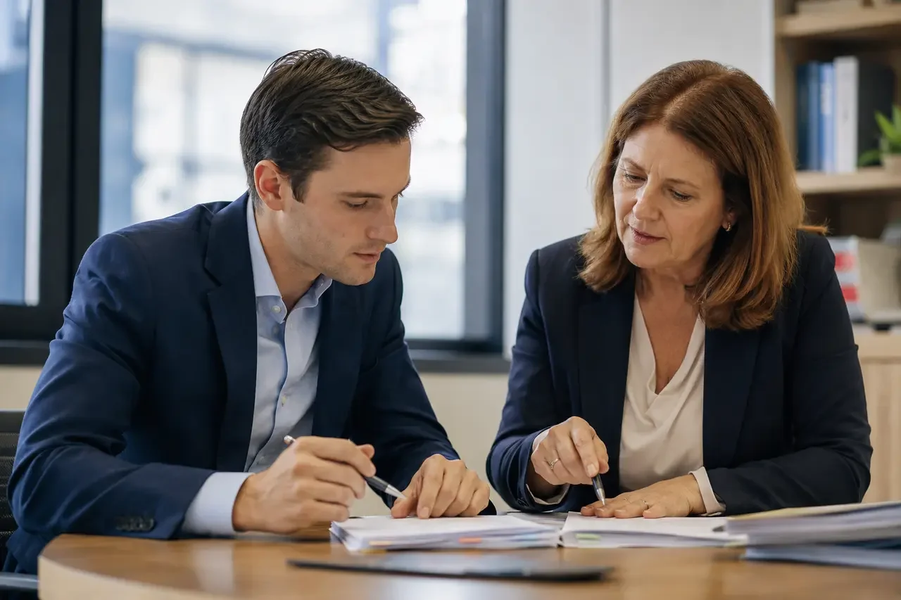 An early-career law graduate reviewing a legal file with an experienced supervising solicitor