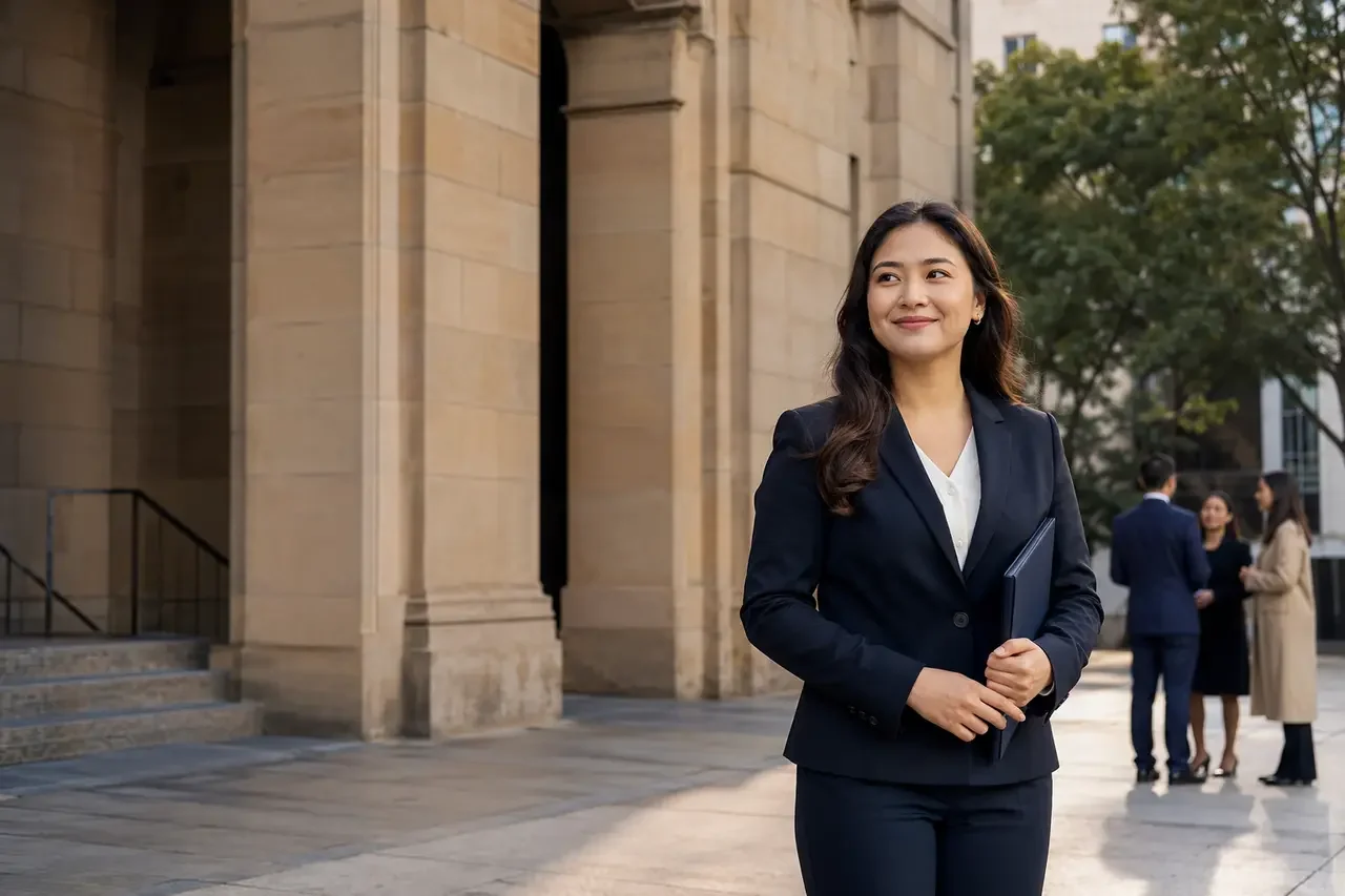 An early-career Australian lawyer outside a courthouse after admission