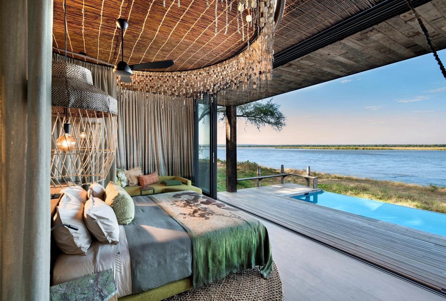 Suite with private plunge pool and panoramic Zambezi River views at Lolebezi Lodge, Lower Zambezi National Park, Zambia, Nomara