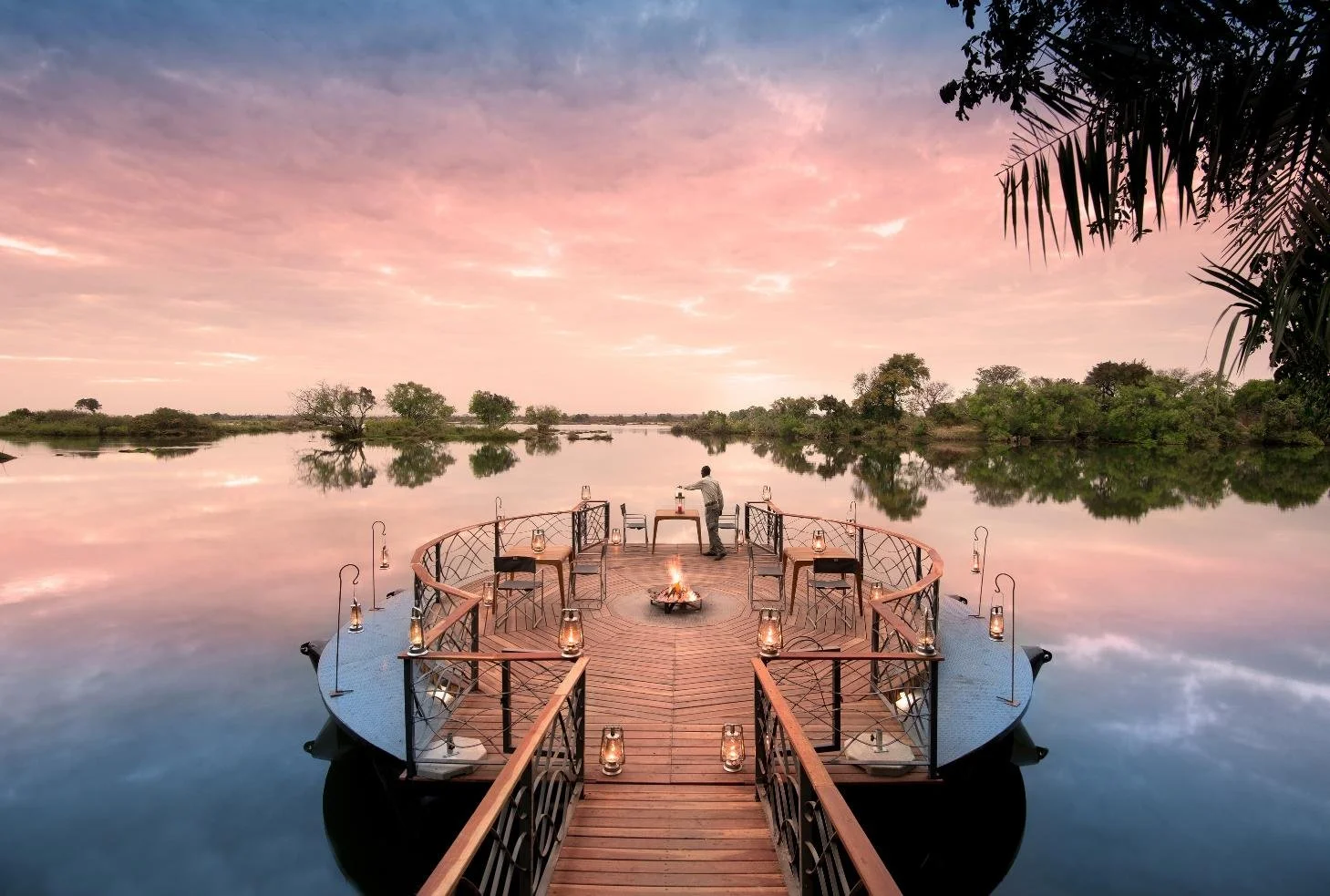 Signature circular river deck with fire pit at Thorntree River Lodge on the Zambezi, Zambia