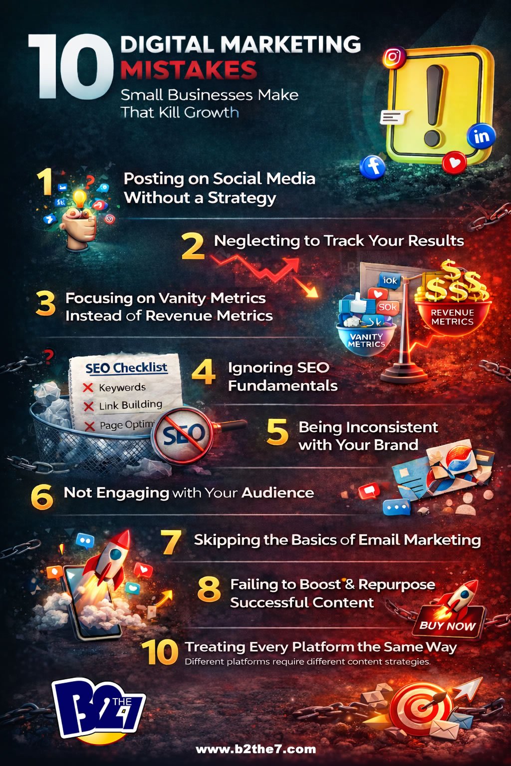 10 Digital Marketing Mistakes Small Businesses Make -- B2The7 free infographic checklist