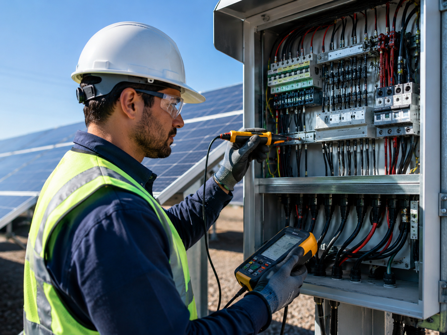 Engineer inspecting balance-of-system electrical equipment at a photovoltaic site