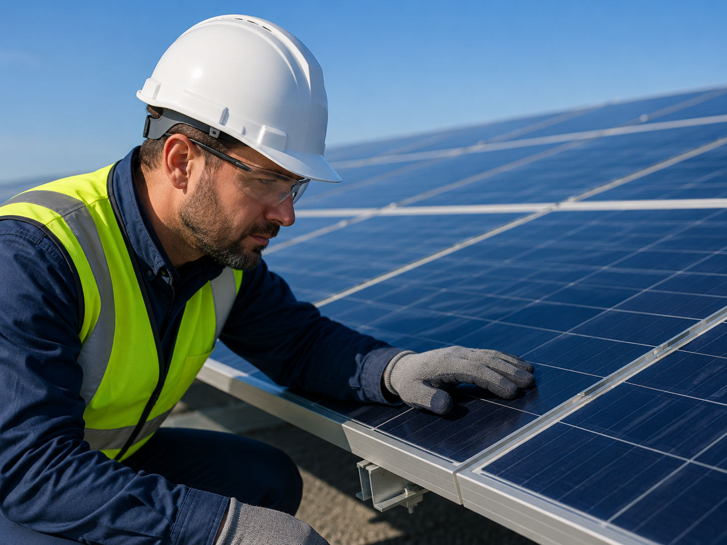 Engineer visually inspecting a photovoltaic module