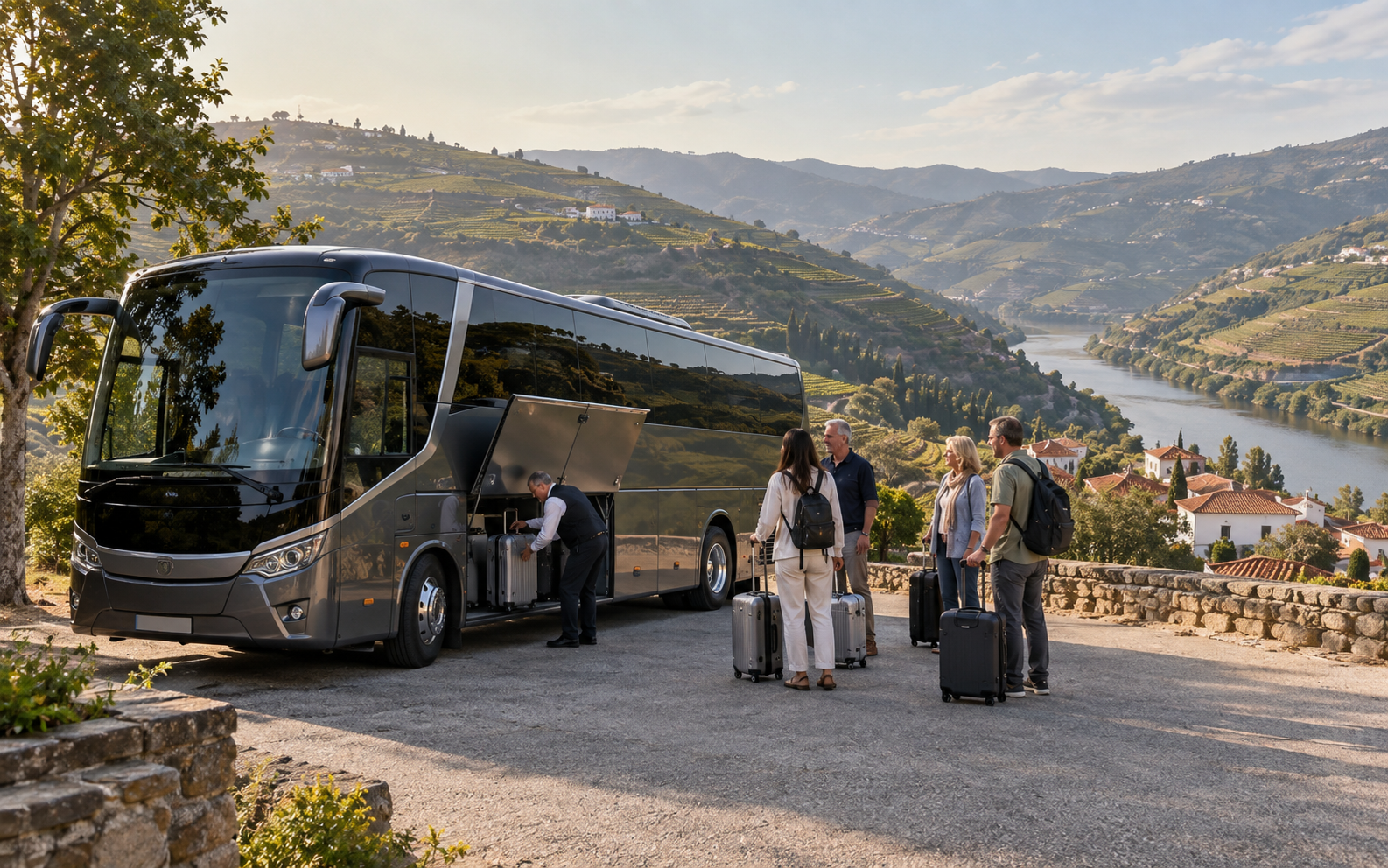 Private coach hire in Portugal with a driver loading group luggage
