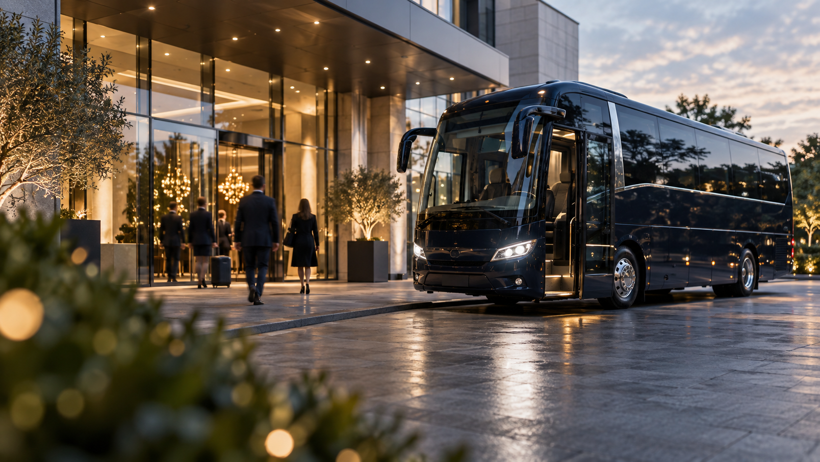 Premium coach waiting outside a modern event venue in South Africa