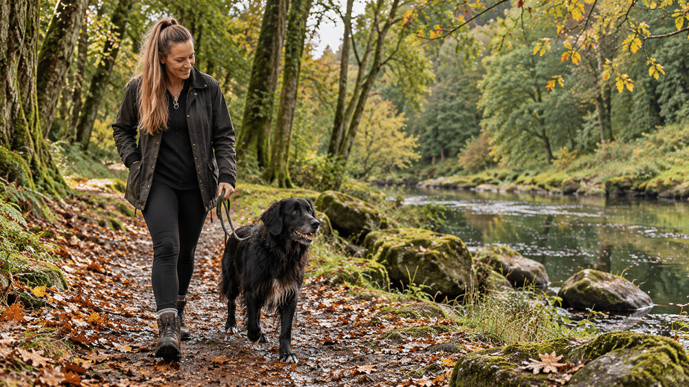 Kirsty Skeates walking her dog Tui along a riverside path