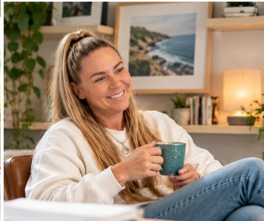 Kirsty Skeates smiling with a cup of tea, chatting with community members online