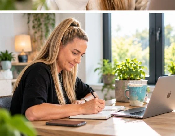 Kirsty Skeates planning a client's Google Business Profile updates at her desk