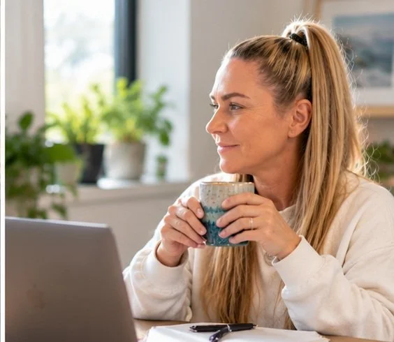 Kirsty Skeates, founder of PetBizAI, at her desk with a cup of tea and her laptop