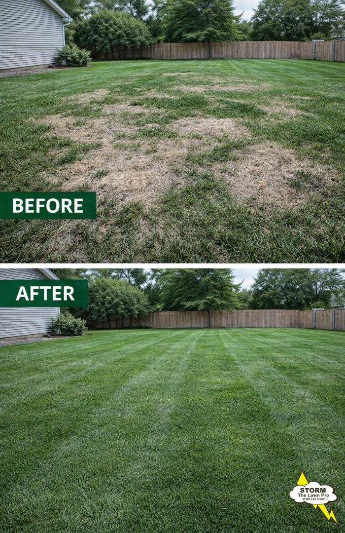Before and after grub damage recovery in Menasha WI by Storm The Lawn Pro of the Fox Cities