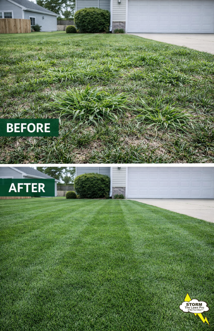 Before and after crabgrass elimination in Kaukauna WI by Storm The Lawn Pro of the Fox Cities