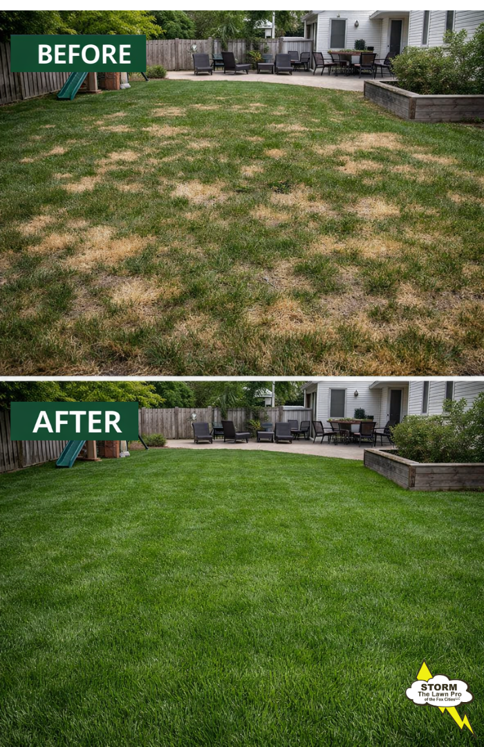 Before and after pet damage lawn recovery in Kimberly WI by Storm The Lawn Pro of the Fox Cities