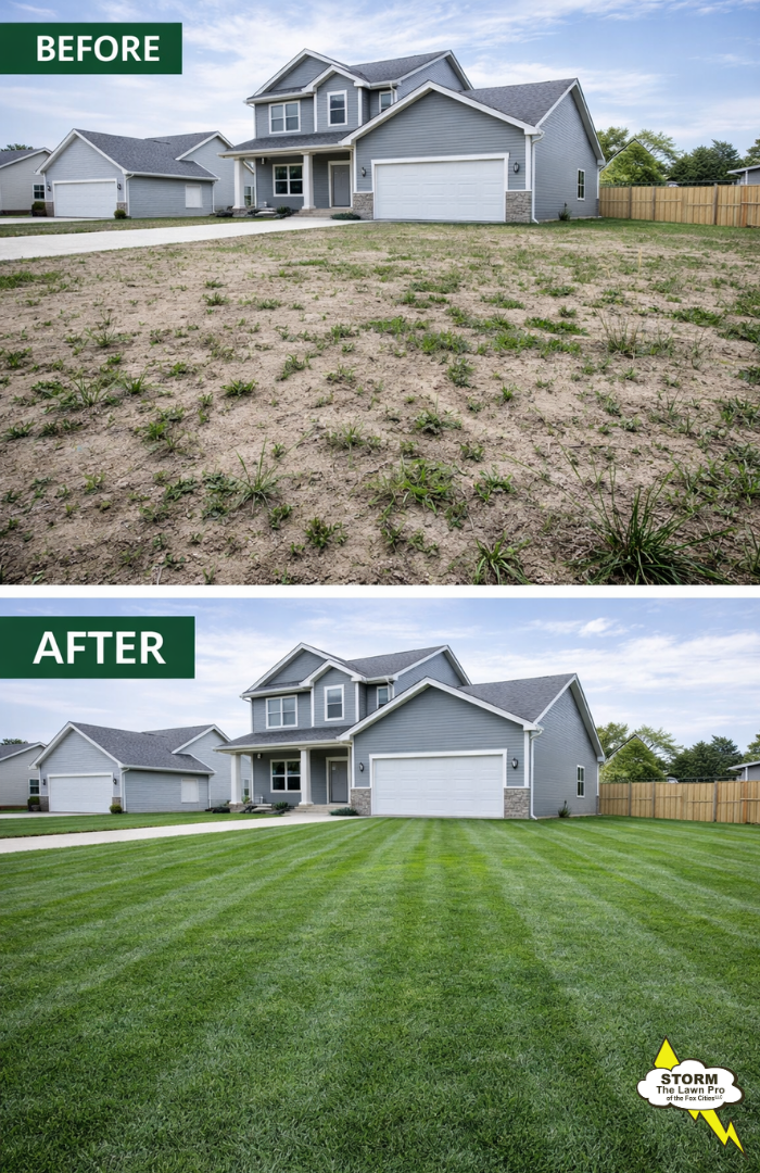 Before and after new construction lawn establishment in Greenville WI by Storm The Lawn Pro of the Fox Cities