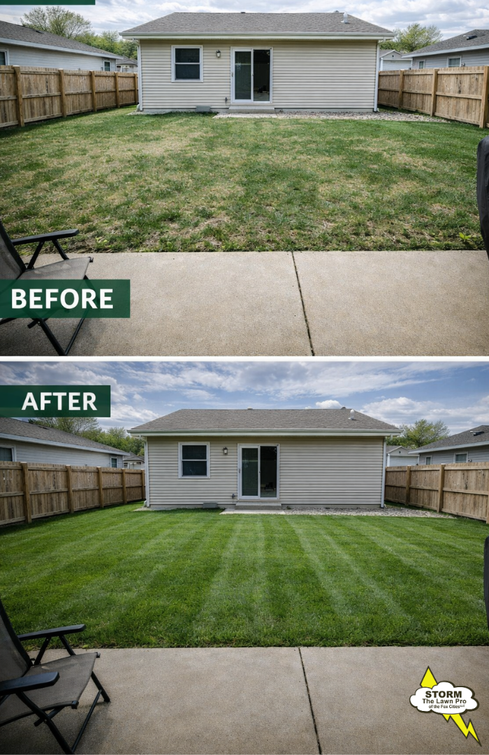 Before and after backyard lawn revival in Oshkosh WI by Storm The Lawn Pro of the Fox Cities