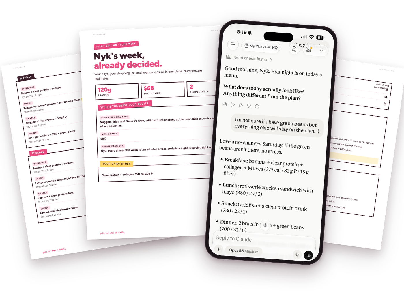 Picky Girl HQ on a phone, with a printable weekly plan
