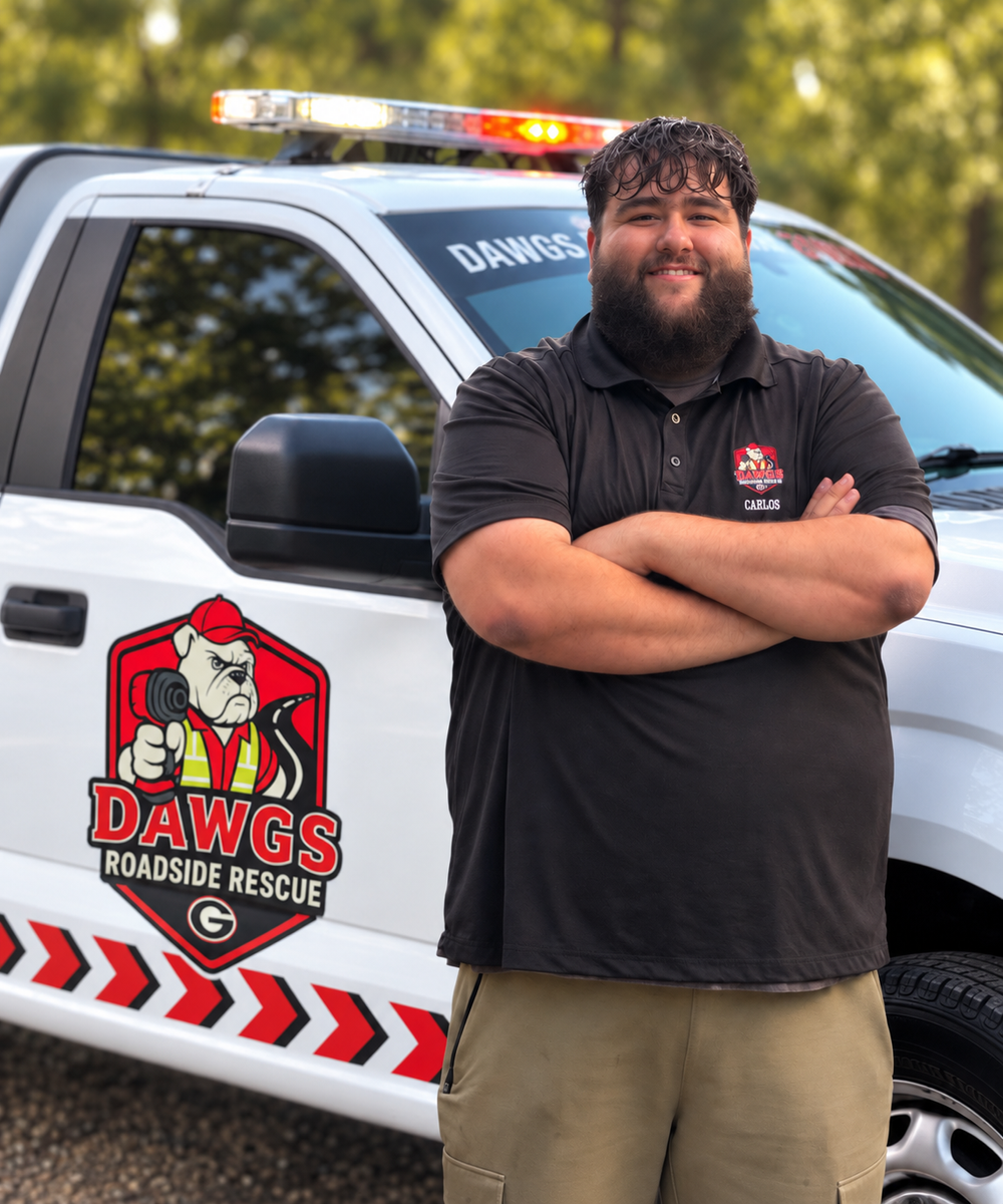 Carlos M. beside the Dawgs Roadside Rescue truck