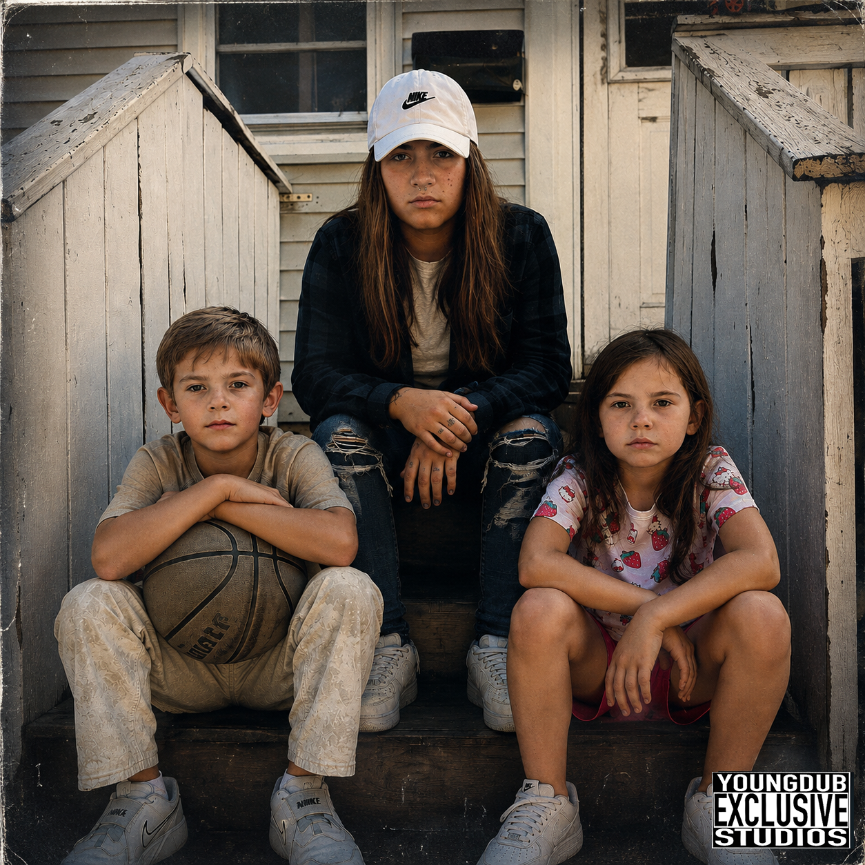 Finished album-style portrait of three people on the steps, with muted cinematic tones, distressed edges and YOUNGDUB Exclusive Studios branding