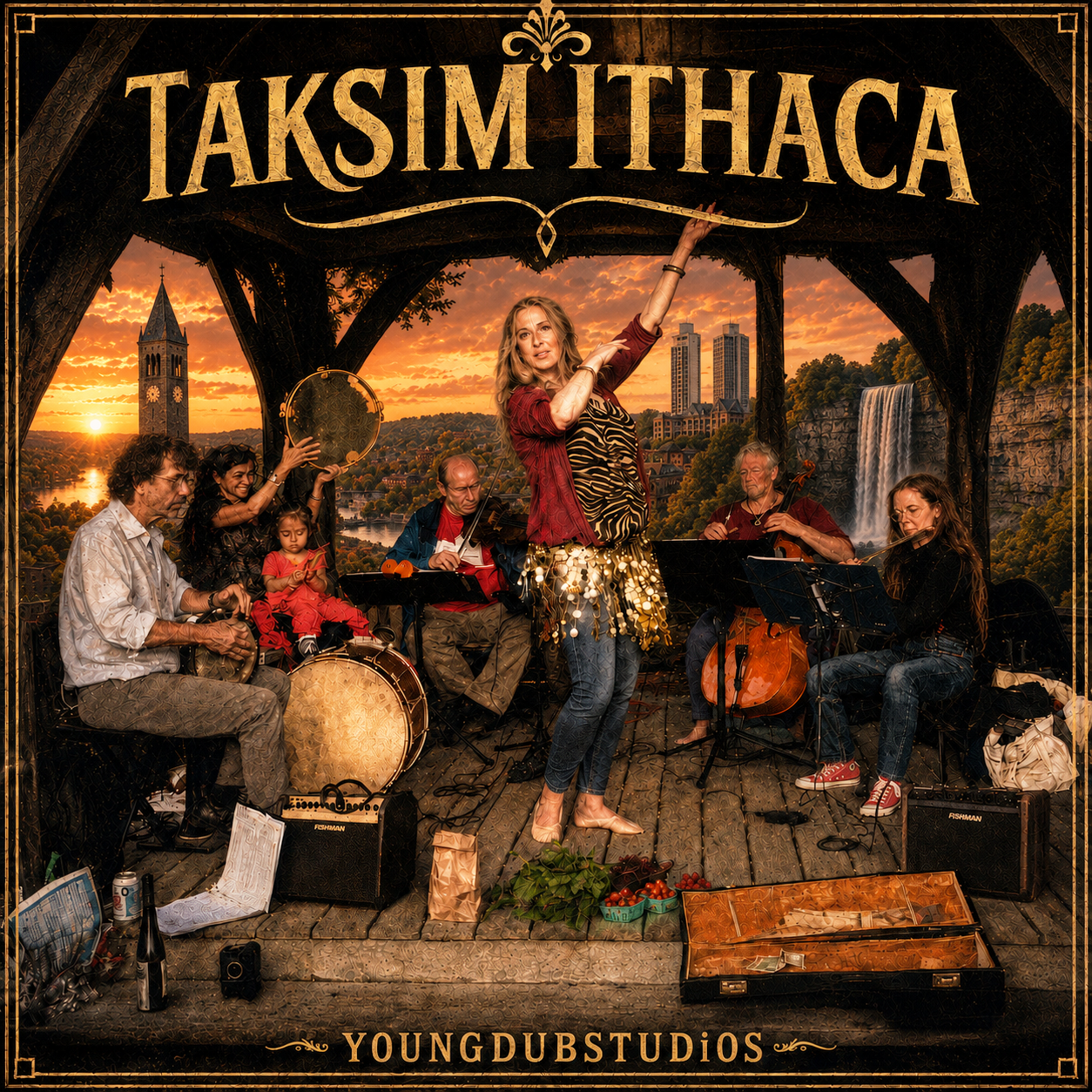 Finished TAKSIM ITHACA artwork with the performers, golden sunset, Ithaca landmarks, waterfall and ornate gold border