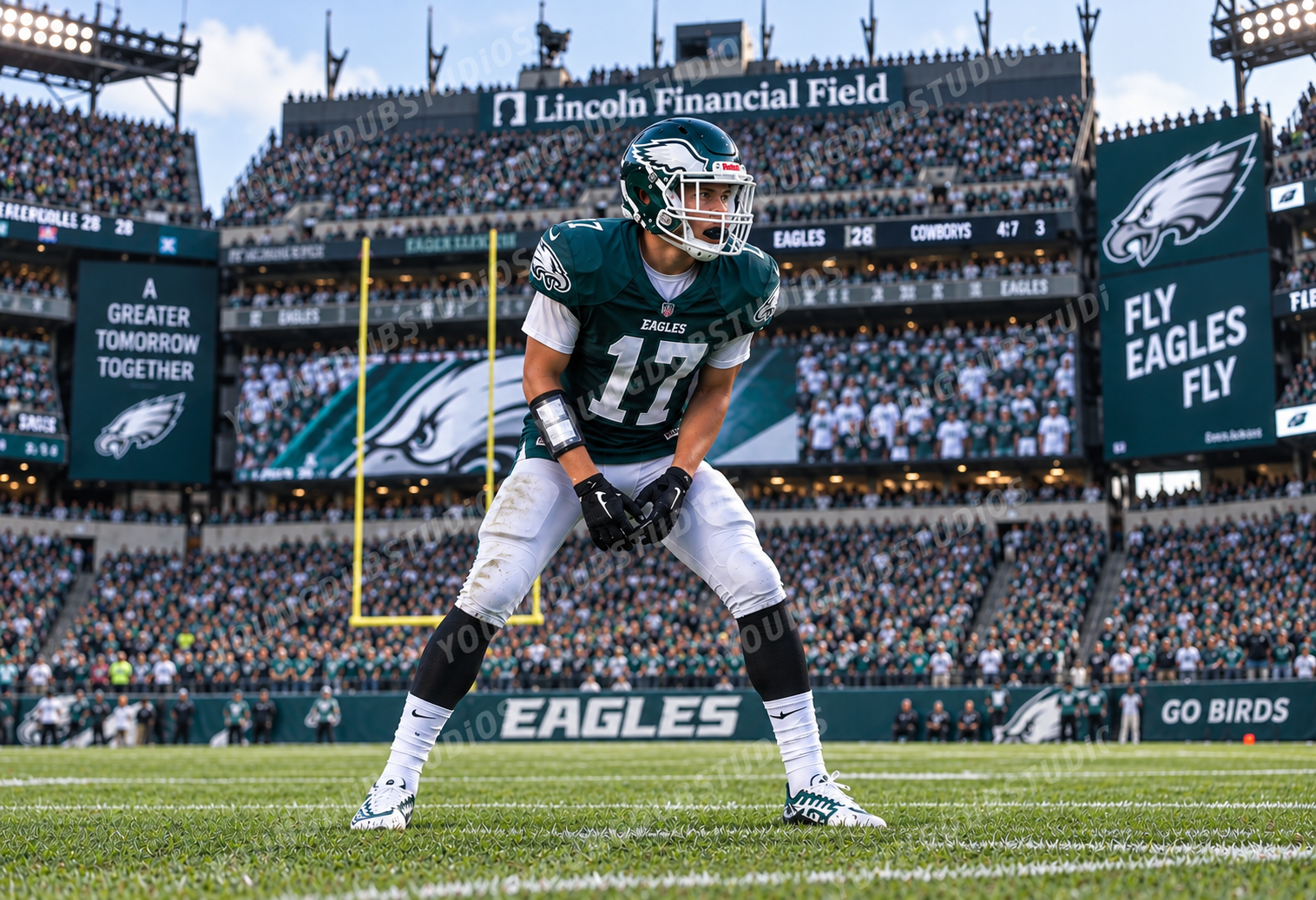 AI transformation of the player in an Eagles uniform at Lincoln Financial Field