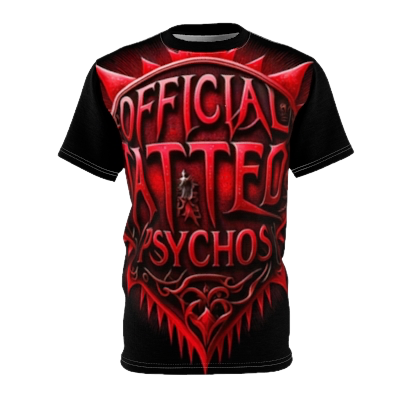 Black t-shirt with red and pink graphic text that reads 'Official Psycho Psychos' and a devil-like design.