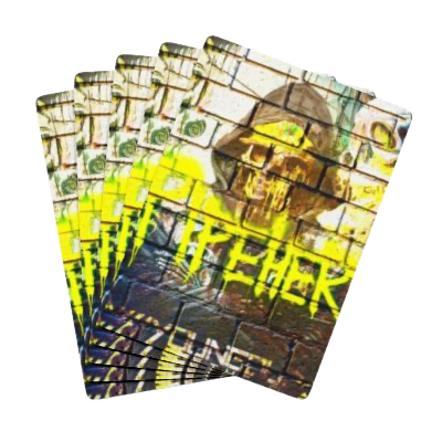 Cards with a graffiti-style skull and cityscape design, spelling the word 'STEALTH' in bright yellow.