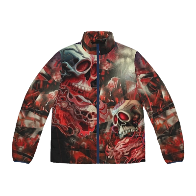 A jacket with a colorful skull and fire design, featuring red, black, and gray hues.