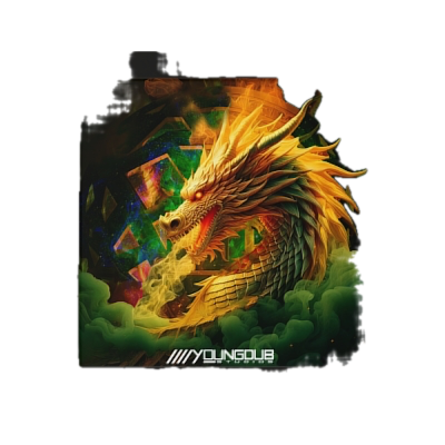 Digital artwork of a dragon with fiery mane, surrounded by colorful geometric shapes, framed in black.