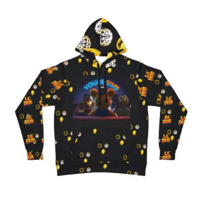 Black hoodie with DJ-themed graphics, including turntables, music notes, and the word 'HIP DUB.'