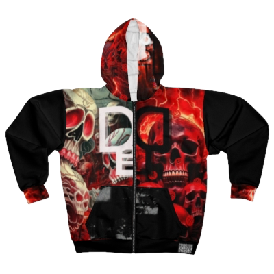 Black zip-up hoodie featuring red and beige skull graphics and lightning designs.
