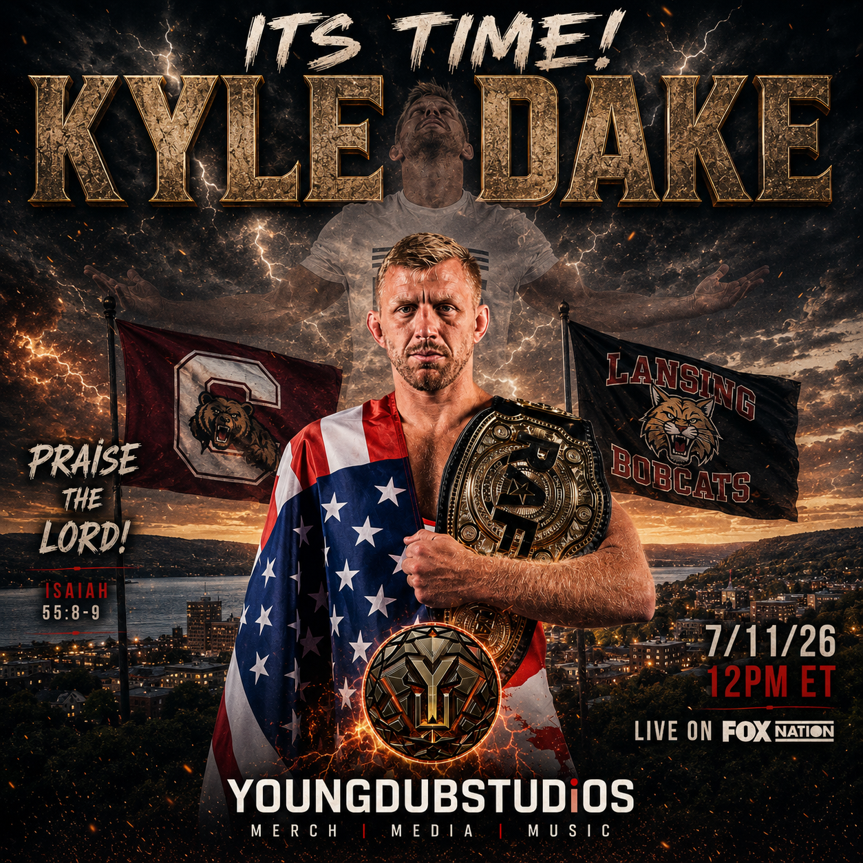 Kyle Dake wrestling flyer by YOUNGDUBSTUDiOS with Cornell and Lansing imagery