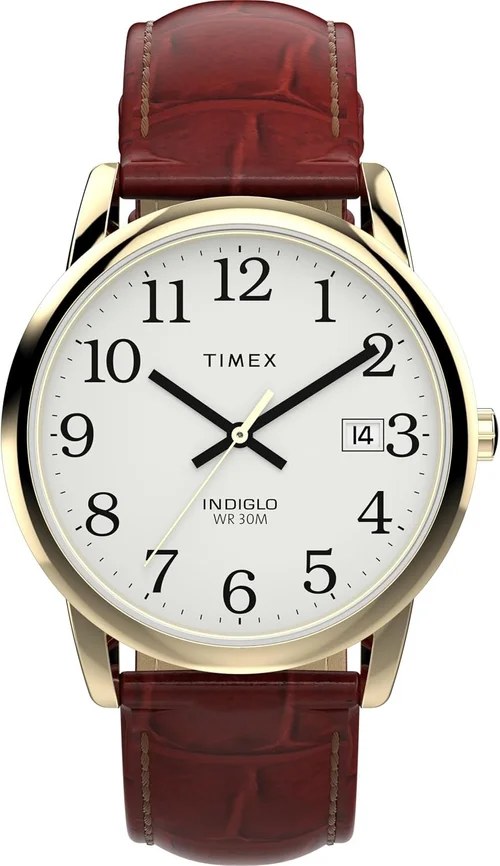 Timex Easy Reader watch with a cream dial and brown leather strap
