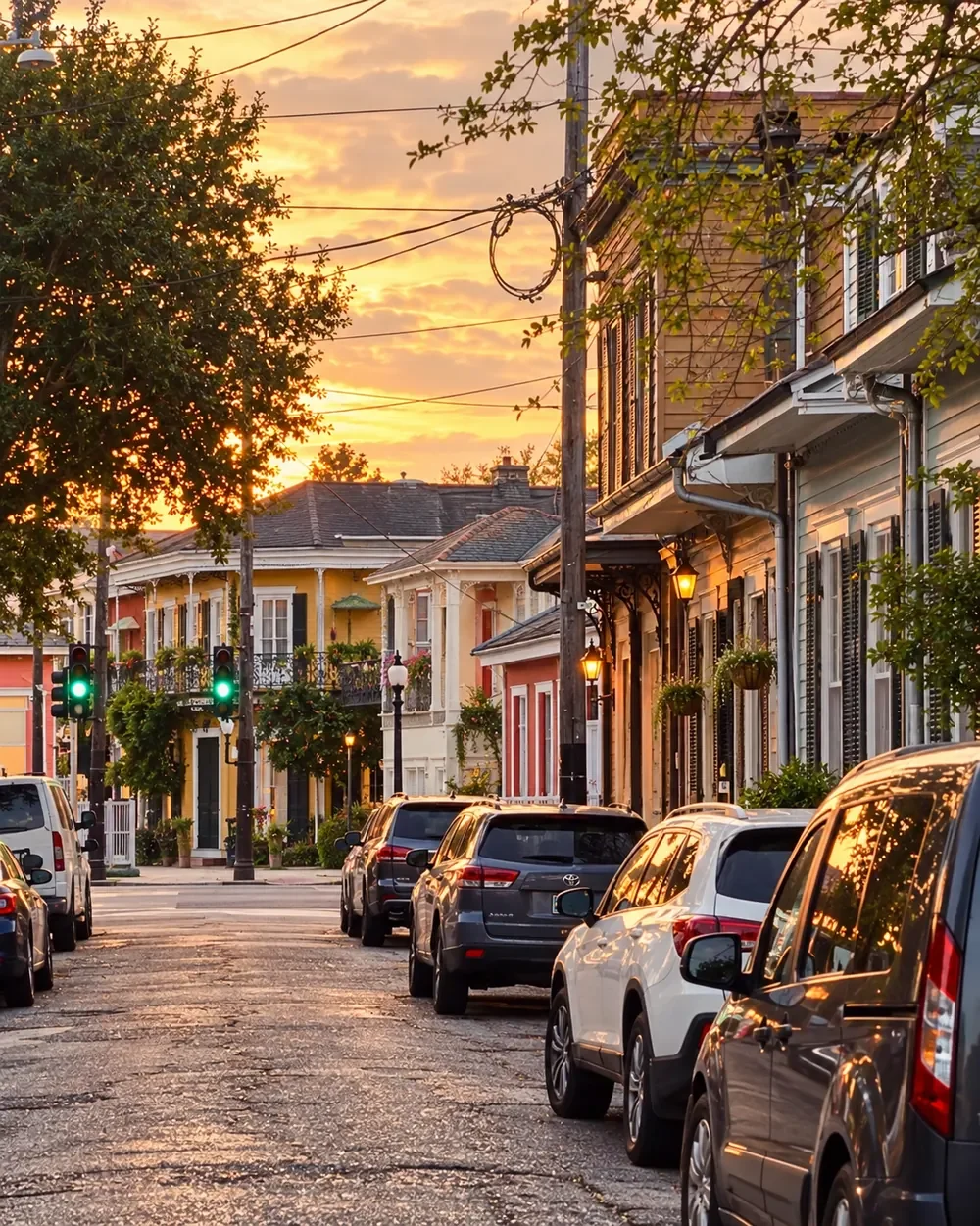 Historic New Orleans storefronts and parked cars in golden-hour light.