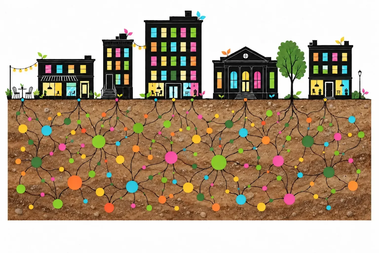 Black neighborhood buildings with colorful windows and rooftop leaves, above brown soil filled with branching roots and aqua, pink, orange, yellow, lime, and green dots.