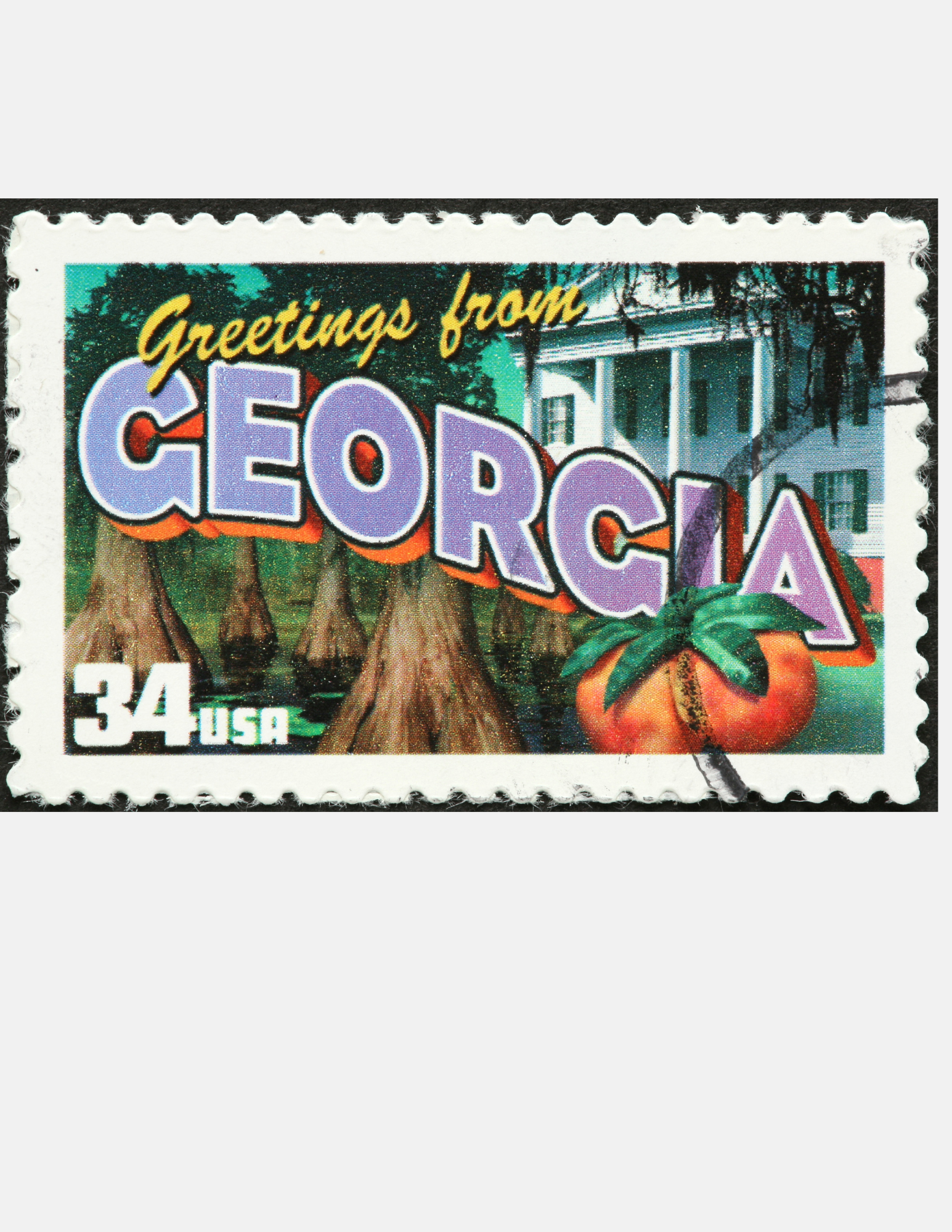 Vintage Greetings from Georgia postage stamp with a peach and Southern landscape.