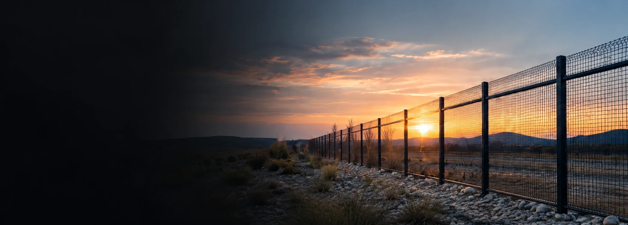 Illustrative perimeter fence at sunset; not a Fencepac project photograph.