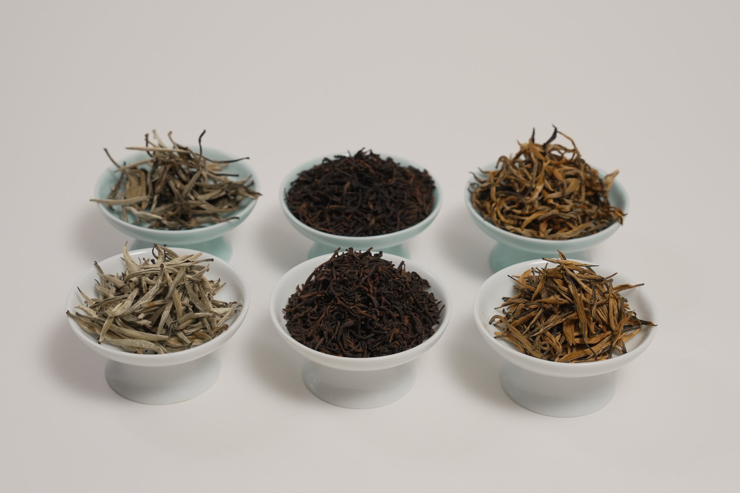 六つの茶の乾いた葉、色とかたち
