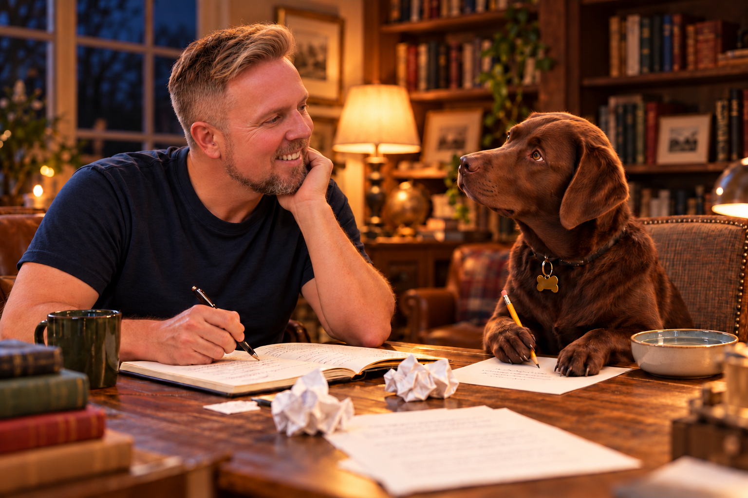 Steve Clark and Cocoa at a writing desk in a warmly lit study